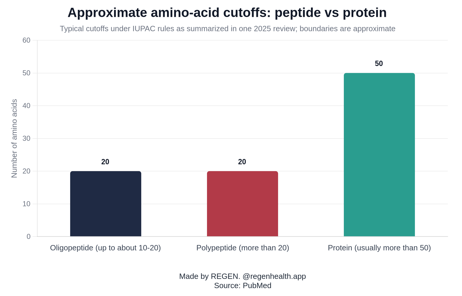 Approximate amino-acid cutoffs for oligopeptides, polypeptides and proteins (Wang 2025, citing IUPAC rules)