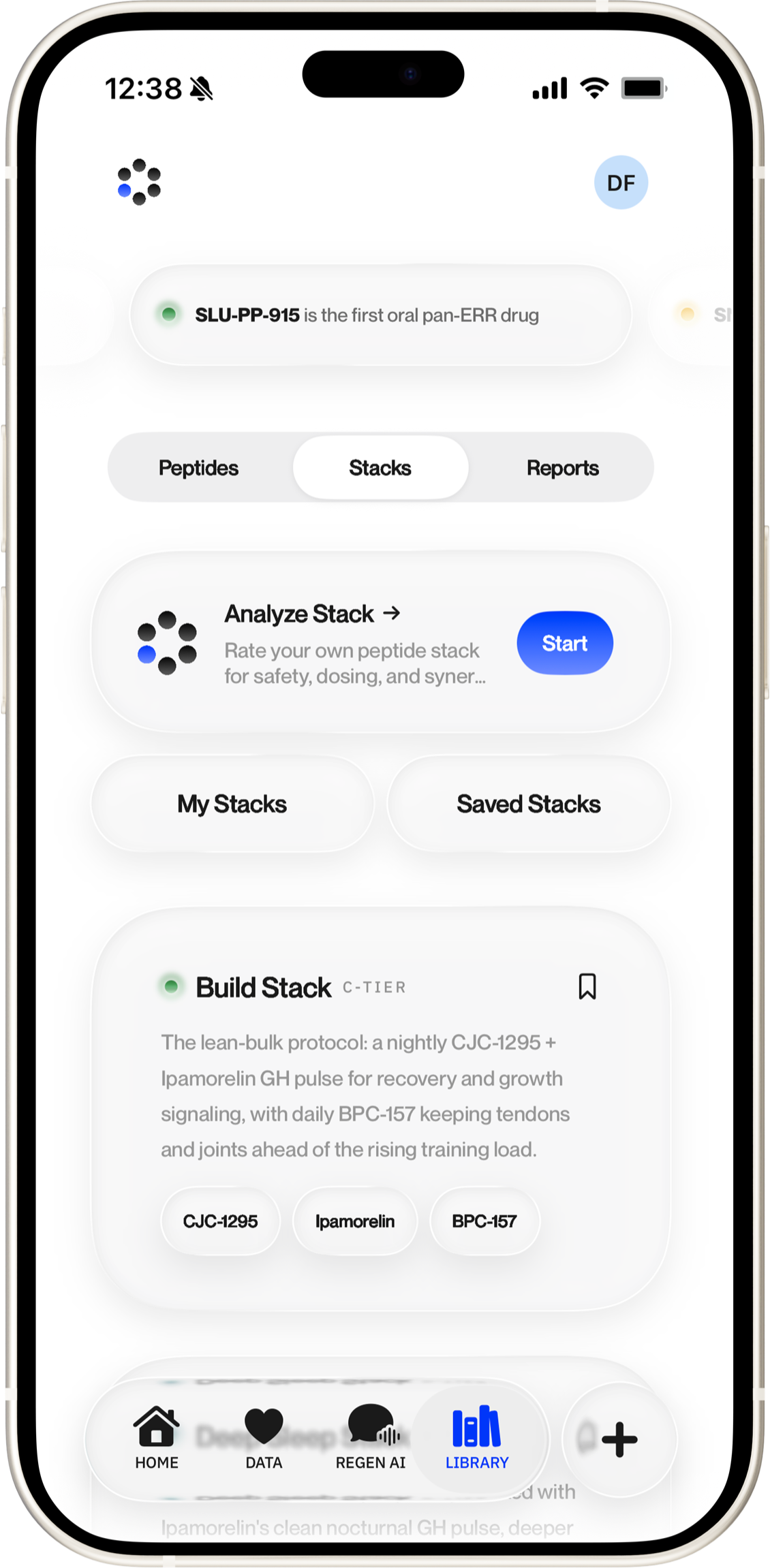 REGEN's library tab, a featured stack over the searchable compound list